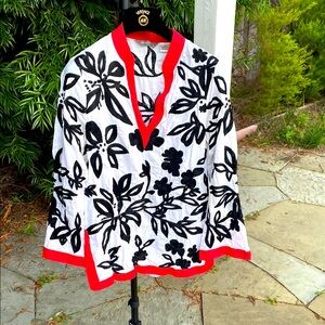 Floral Black and White Top with Red Trim